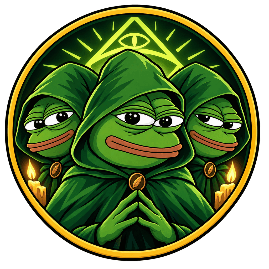 Cult of Pepe — three hooded figures beneath the all-seeing eye